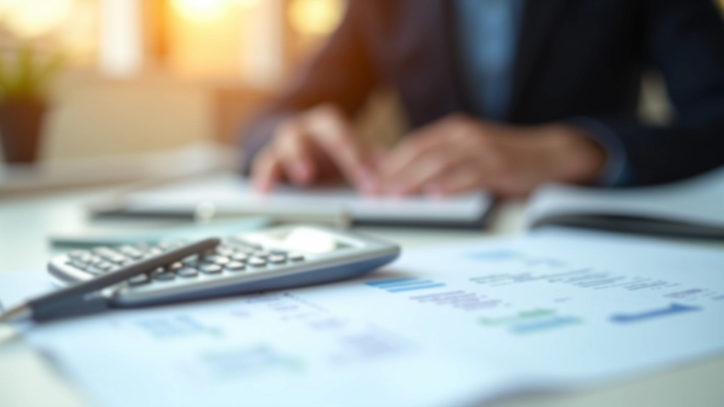 Rechner und Finanzdiagramme auf einem Schreibtisch, die Zahlen und Beträge zeigen