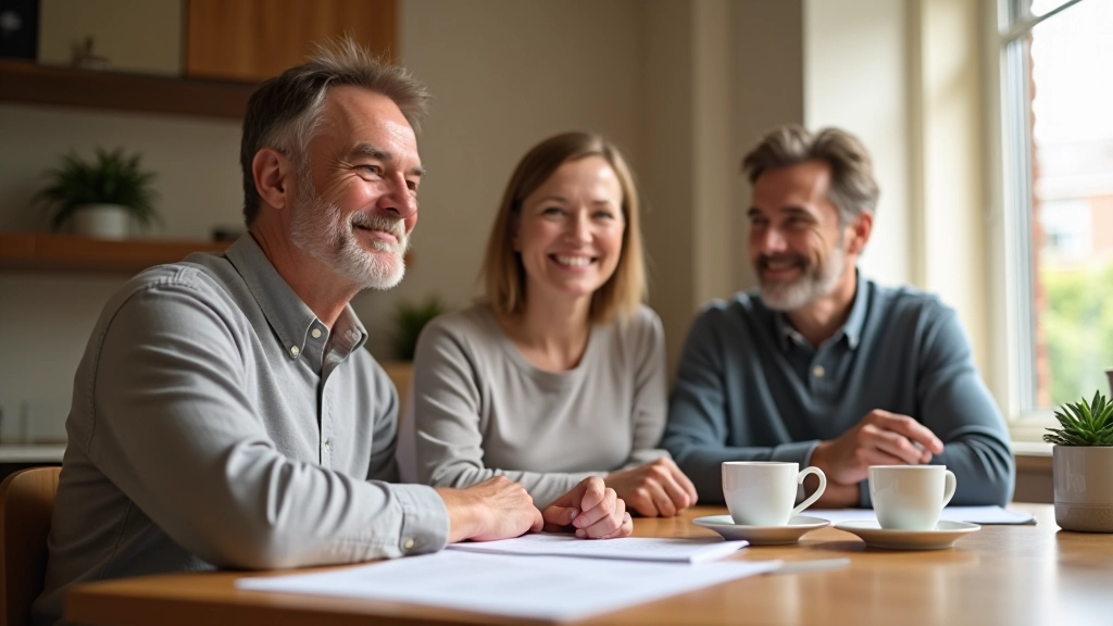 Frau mittleren Alters mit Familie, die zusammen am Tisch sitzt und Finanzplanung bespricht