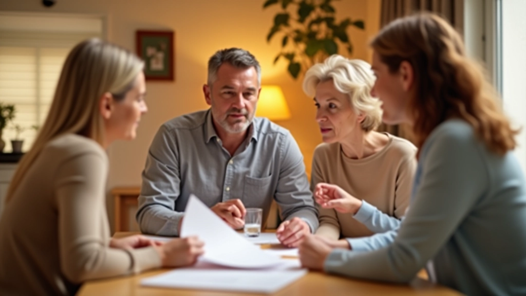 Familie sitzt zusammen am Tisch und bespricht finanzielle Planung mit Dokumenten und Laptop