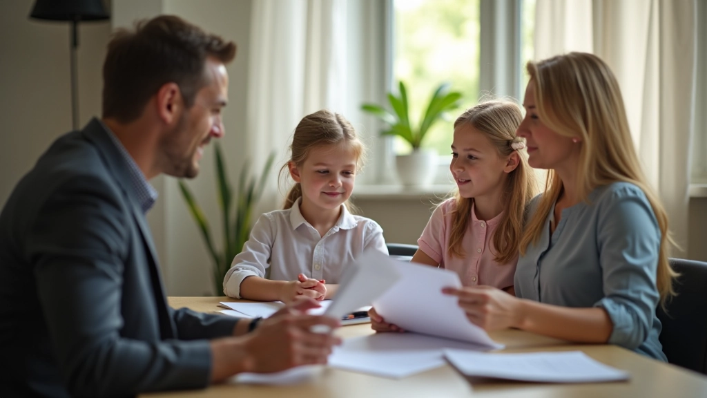 Familie mit zwei Kindern sitzt bei einem Finanzberater und diskutiert Riester-Bedingungen
