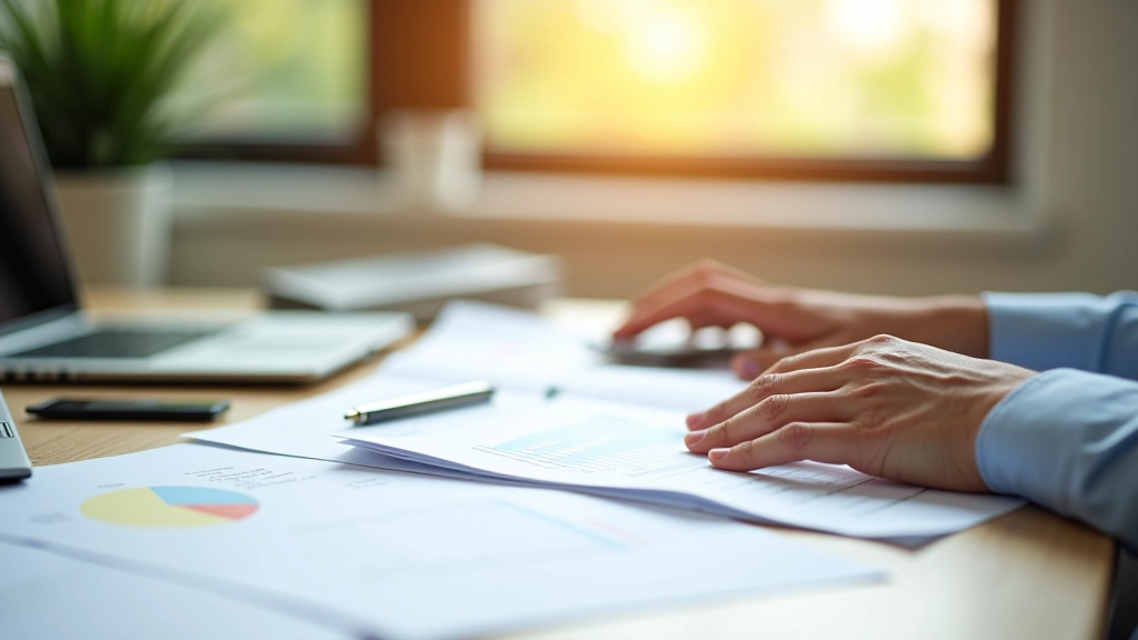 Moderne Büroumgebung mit Laptop, Steuerdokumenten und Taschenrechner auf einem Schreibtisch
