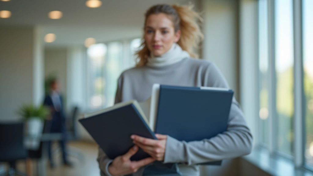 Person, die einen Dokumentenordner mit Finanzunterlagen hält, heller Büroraum