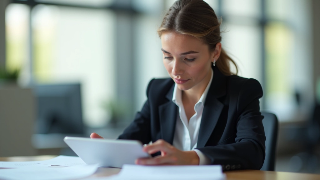 Geschäftsfrau mit Tablet bei Finanzanalyse und Vertragsüberprüfung am Schreibtisch